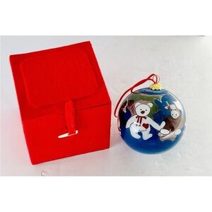 Reverse Hand Painted Glass Christmas Ornament-Beanie Bears, Penguin, Bull W/Case